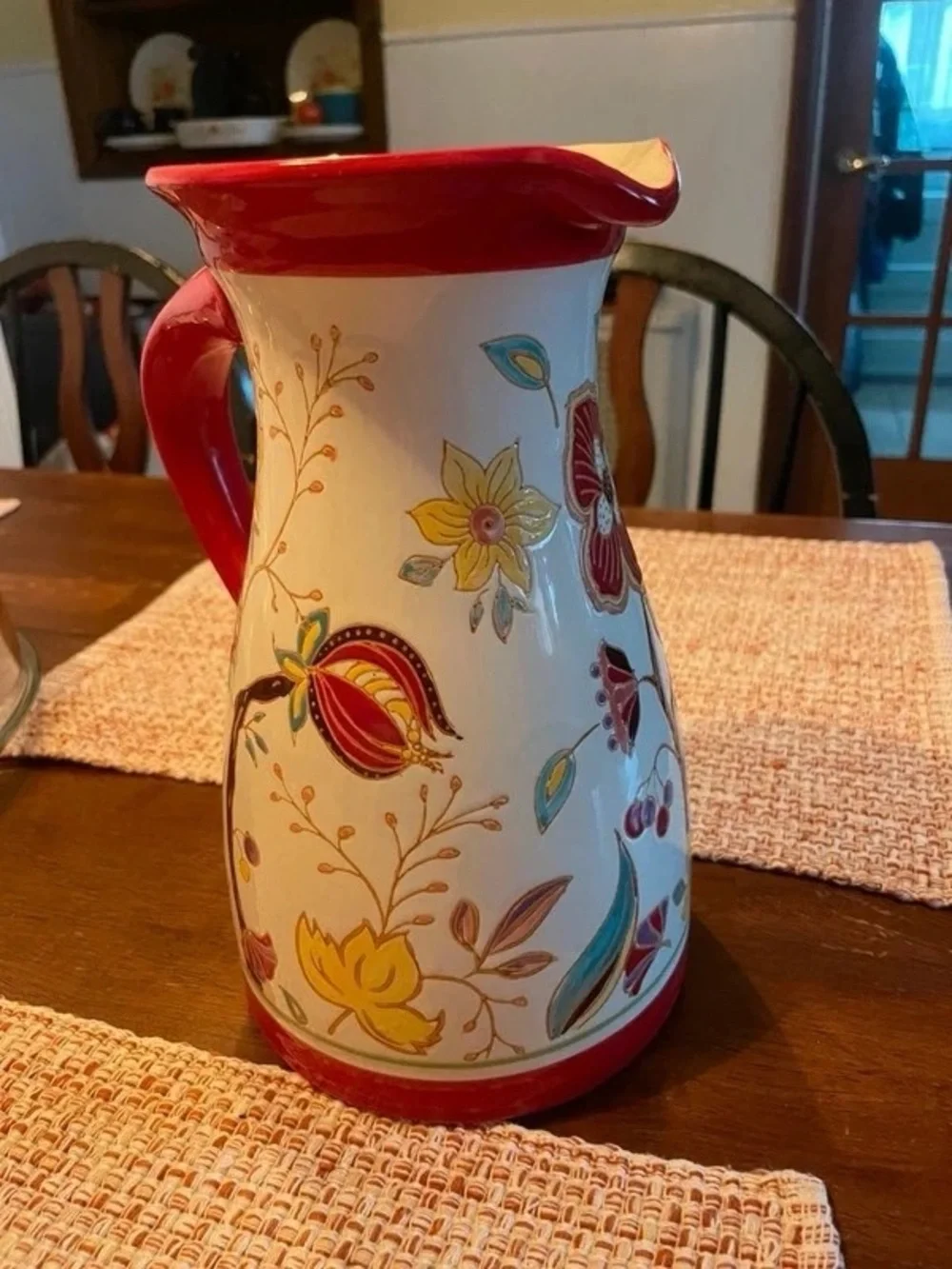 Hand-Painted Floral Ceramic Pitcher in Red Accent